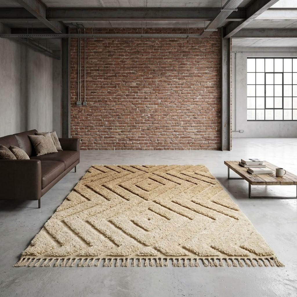 Handmade Moroccan Wool Rug Beni Ourain Style | High-Low 3D Textured Diamond & Chevron Pattern in Sand Beige