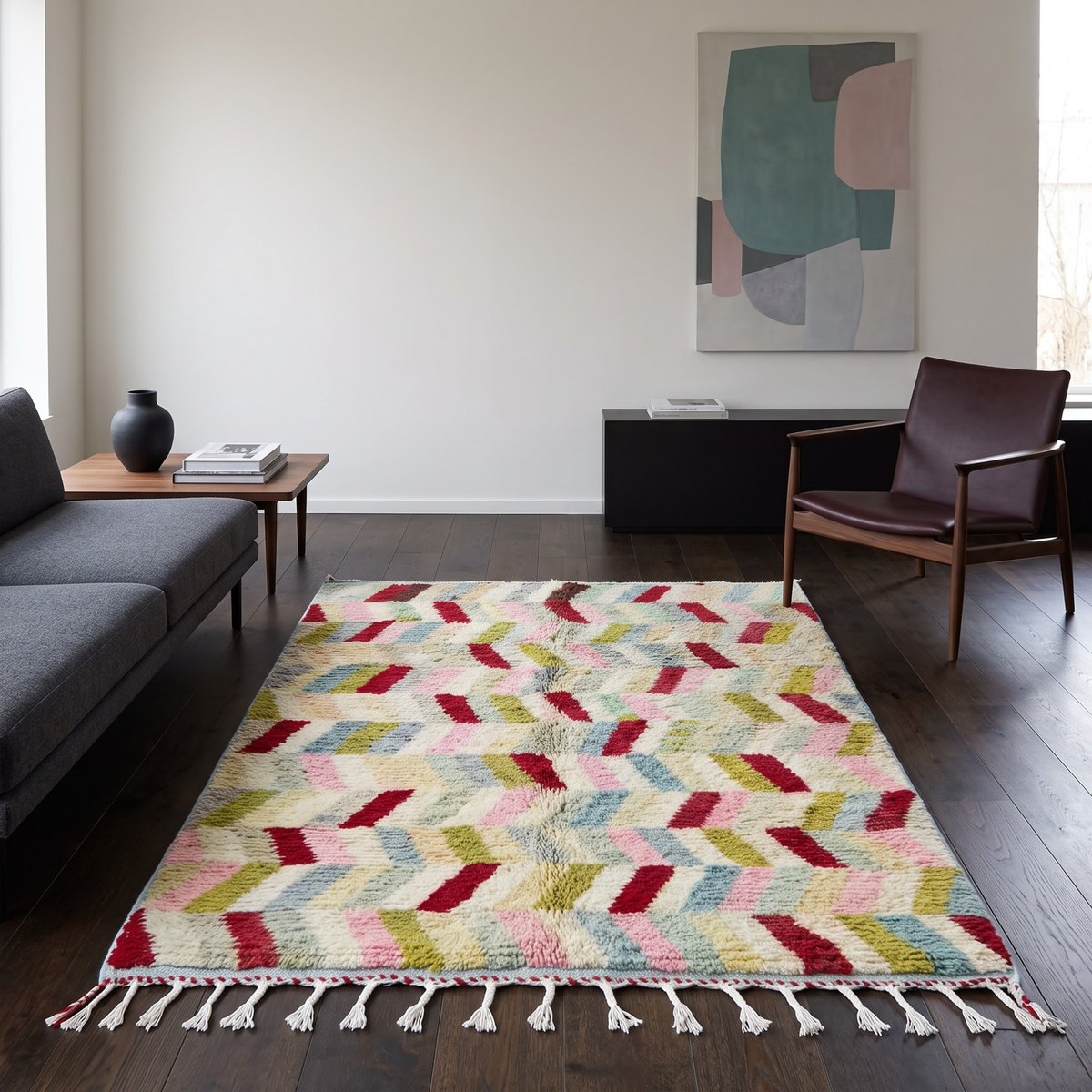 Handmade Moroccan Wool Rug Azilal / Boujaad Style | Multicolor Herringbone Chevron Pattern Atlas Carpet