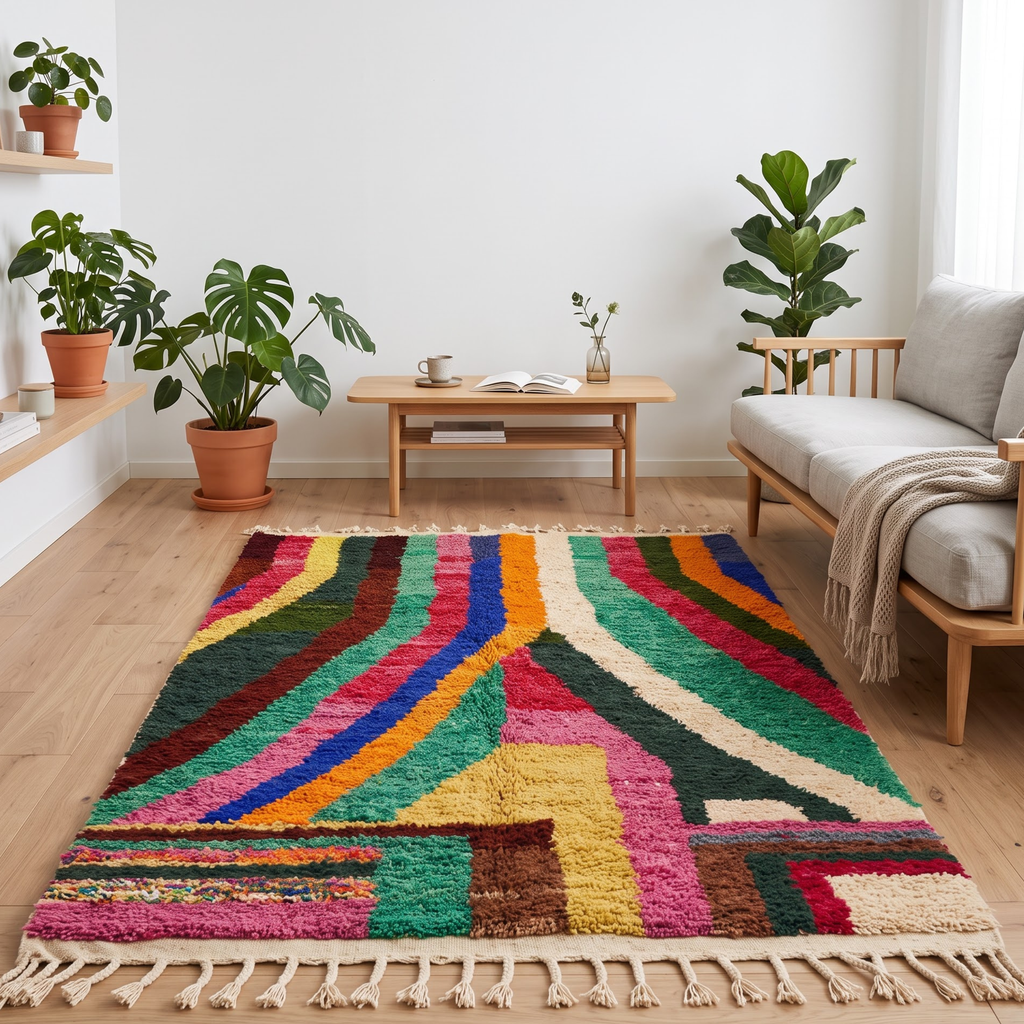 Handmade Moroccan Wool Rug Azilal Style | Vibrant Multicolor Striped & Color Block Atlas Carpet