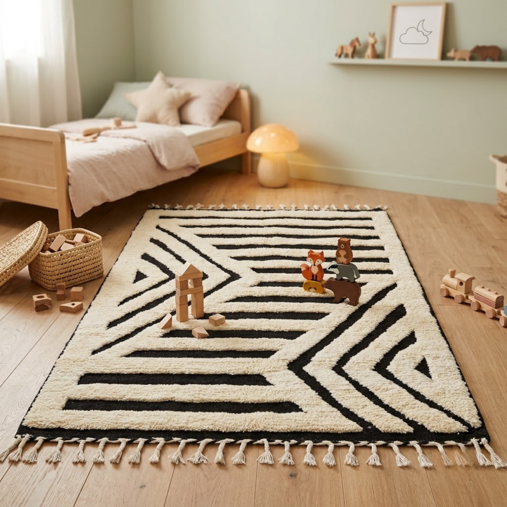 Handmade Moroccan Wool Rug Contemporary Beni Ourain Style | Black & White Striped Chevron Geometric Atlas Carpet