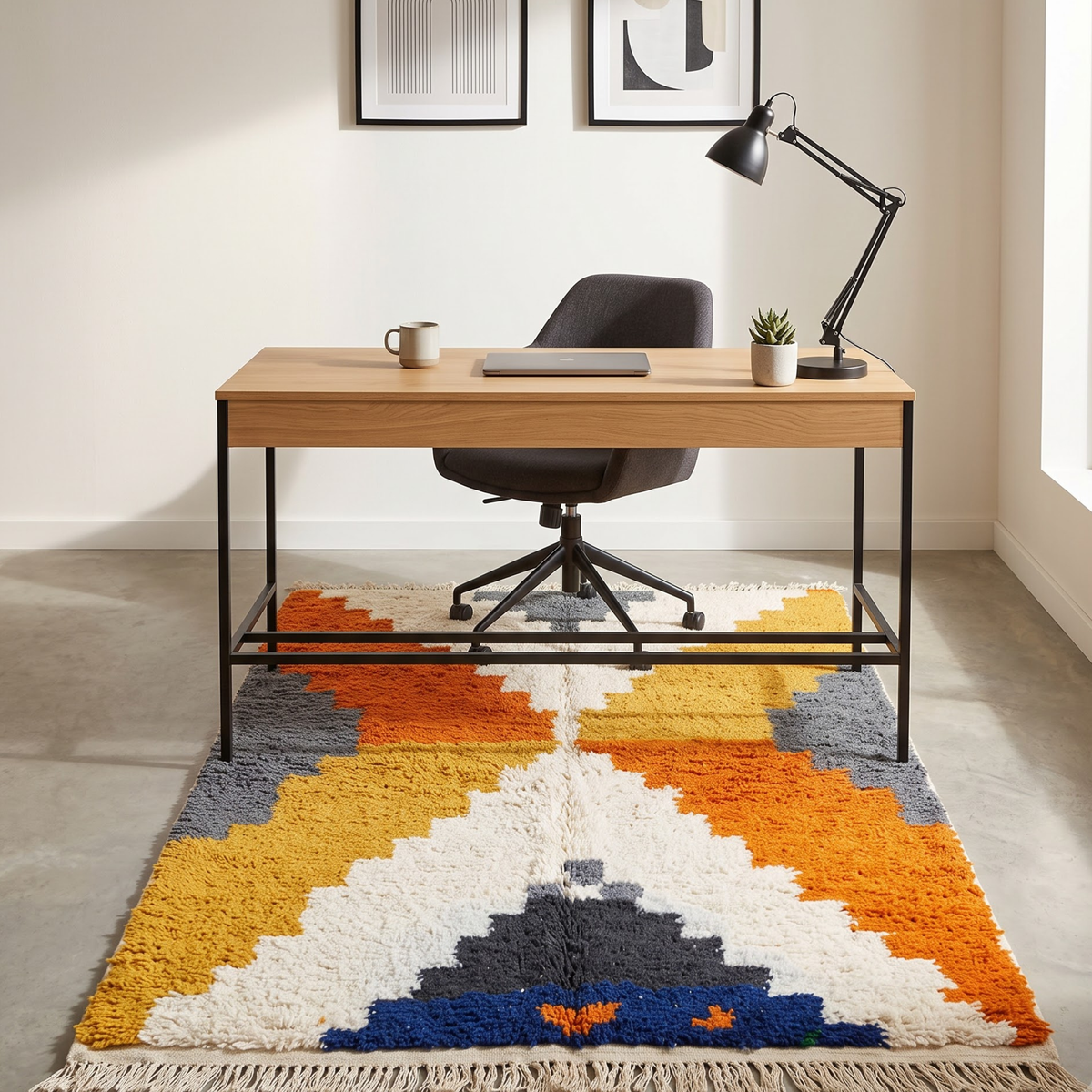 Handmade Moroccan Wool Rug Azilal Style | Stepped Geometric Diamond in Terracotta, Mustard & Slate Grey Atlas Carpet