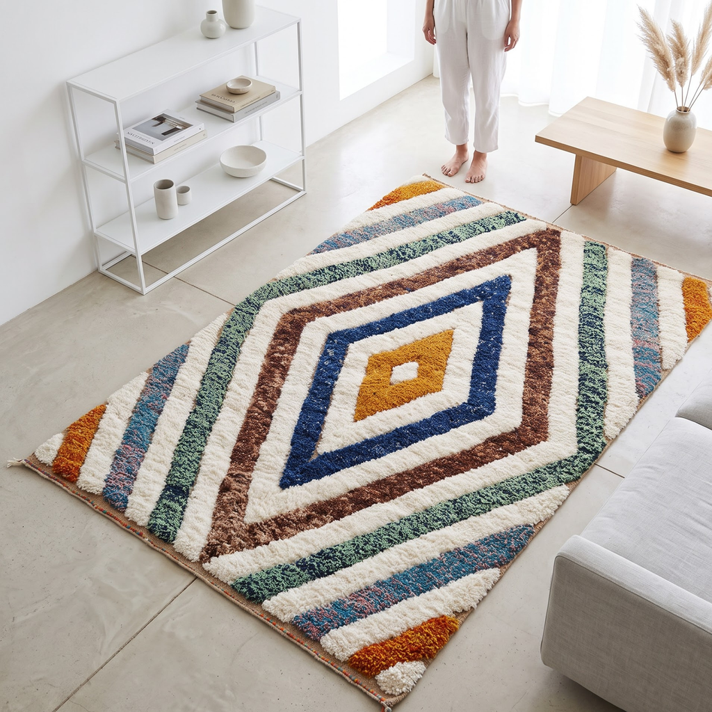 Handmade Moroccan Wool Rug Geometric Diamond Prism | Artisanal Atlas Berber Shag Carpet
