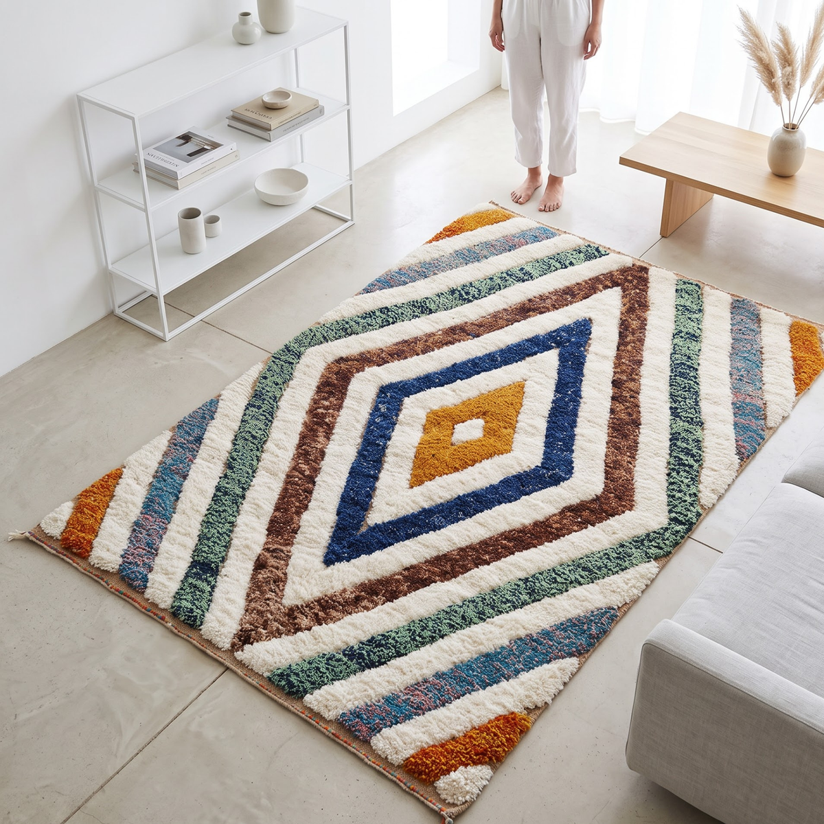 Handmade Moroccan Wool Rug Geometric Diamond Prism | Artisanal Atlas Berber Shag Carpet