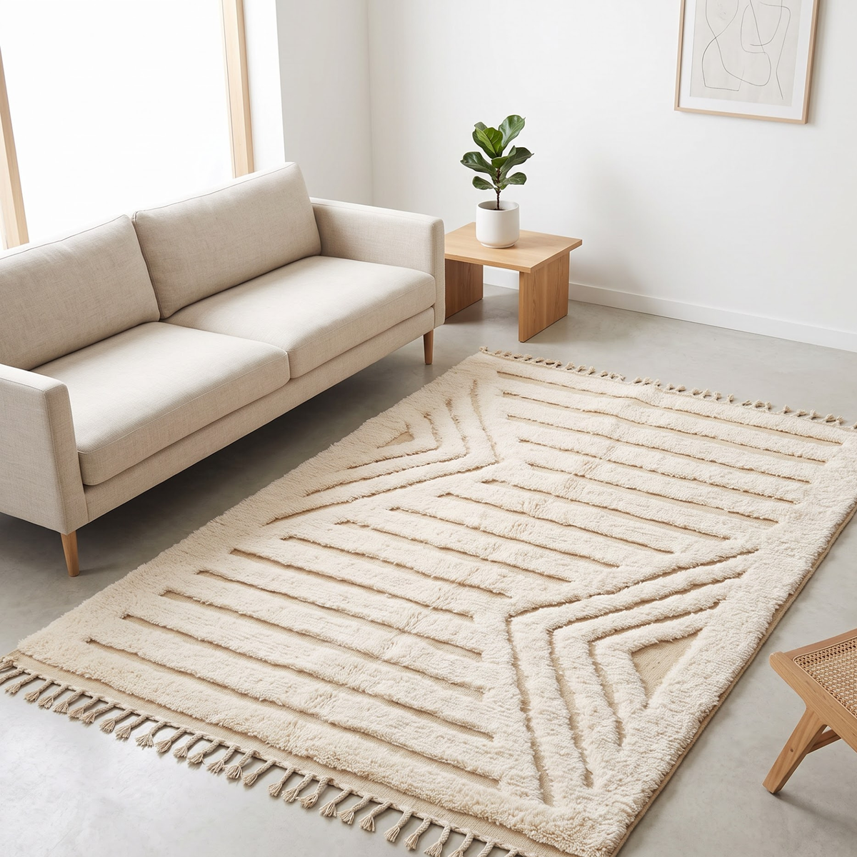 Handmade Moroccan Wool Textured Rug | High-Low Geometric Cream & Sand Atlas Berber Carpet