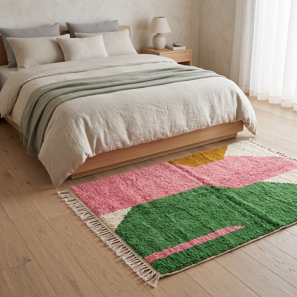 Handmade Moroccan Wool Rug Azilal Style | Abstract Organic Color Block in Blush Pink, Green & Mustard Atlas Carpet