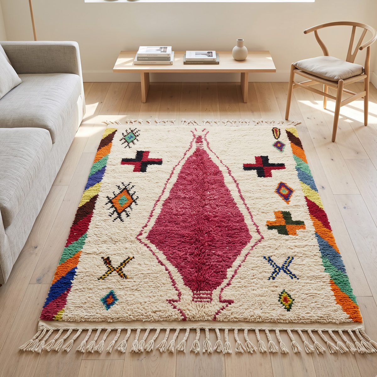 Handmade Moroccan Wool Rug Azilal Style | Magenta Centerpiece & Tribal Cross Symbols on Cream Atlas Carpet