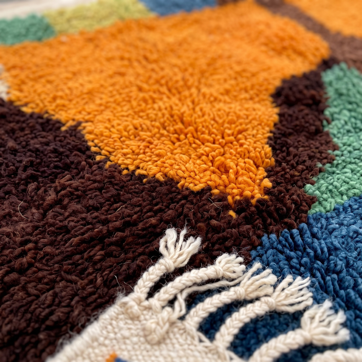 Handmade Moroccan Wool Rug Azilal Style | Abstract Cubist Art Composition in Denim Blue, Ochre & Sage Atlas Carpet