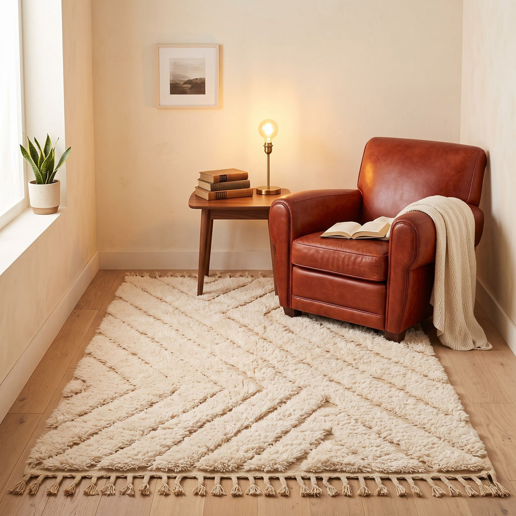 Handmade Moroccan Wool Rug Beni Ourain Style | High-Low 3D Textured Chevron Pattern in Cream & Sand