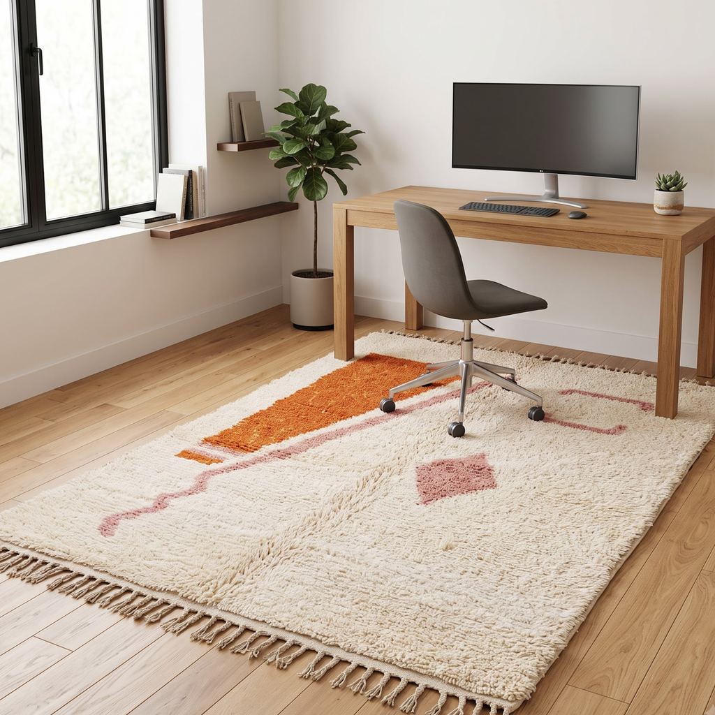 Handmade Moroccan Wool Rug Minimalist Azilal Style | Abstract Geometric Motifs in Terracotta & Dusty Pink Atlas Carpet