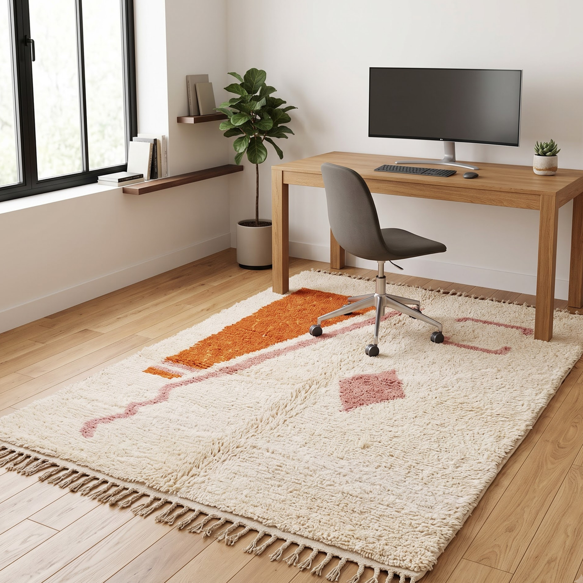 Handmade Moroccan Wool Rug Minimalist Azilal Style | Abstract Geometric Motifs in Terracotta & Dusty Pink Atlas Carpet