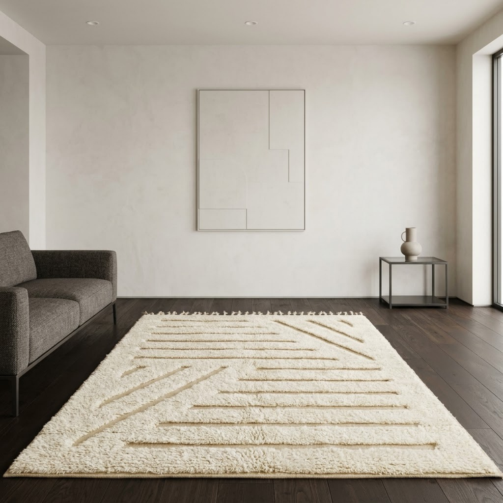Handmade Moroccan Wool Rug Beni Ourain Style | High-Low 3D Geometric Linear Pattern in Cream & Sand