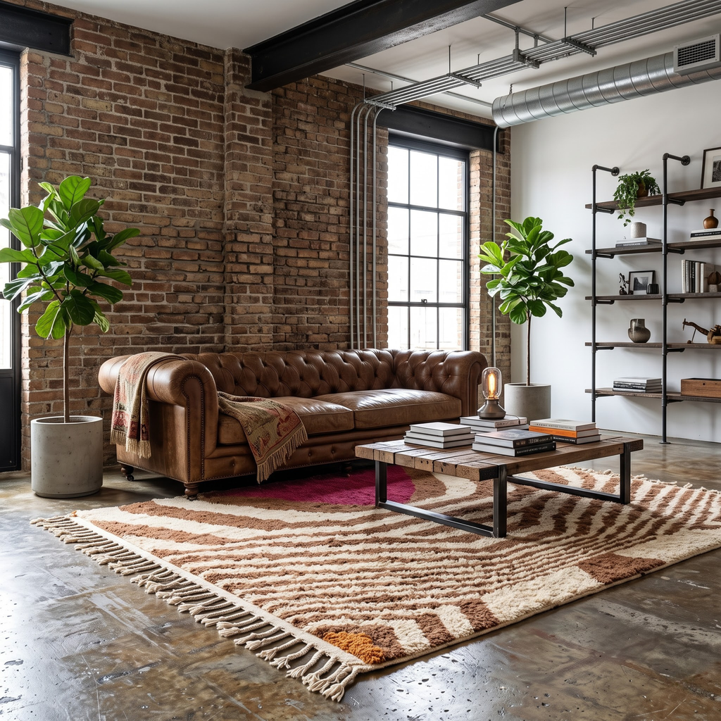 Handmade Moroccan Wool Rug Azilal Style | Caramel Wave Motif with Magenta Focal Point Atlas Carpet