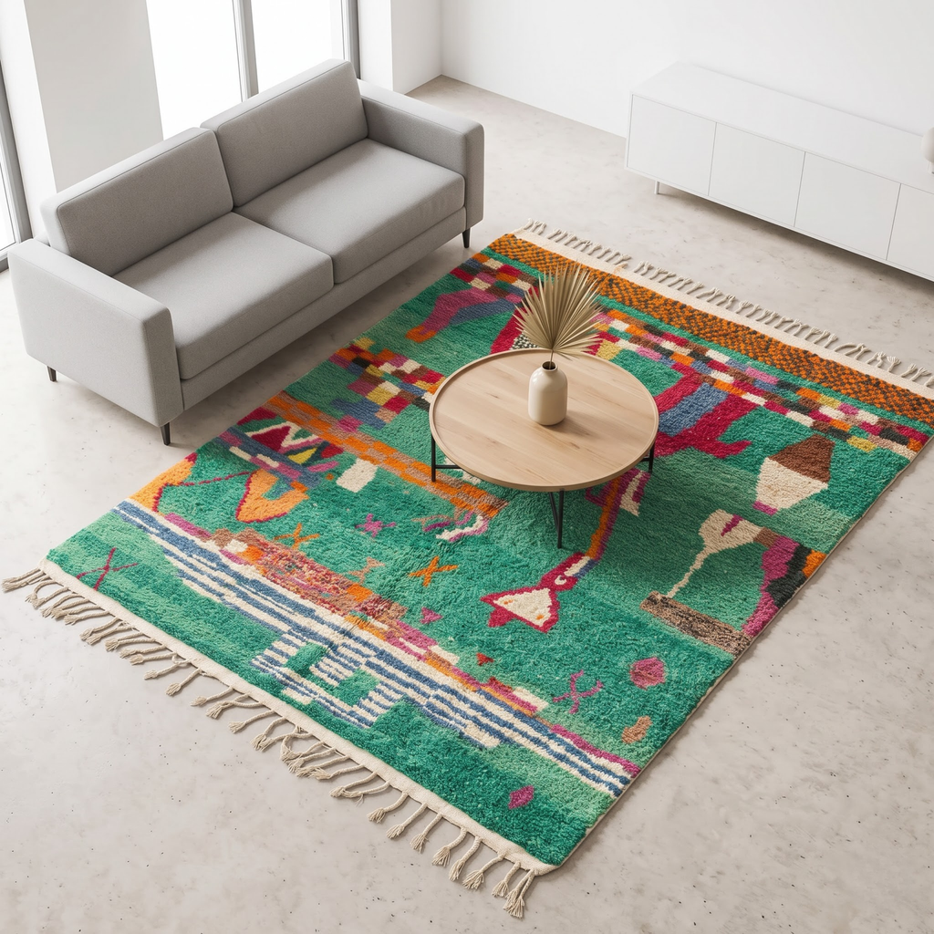 Handmade Moroccan Wool Rug Azilal Style | Emerald Green with Multicolor Tribal Berber Symbols Atlas Carpet