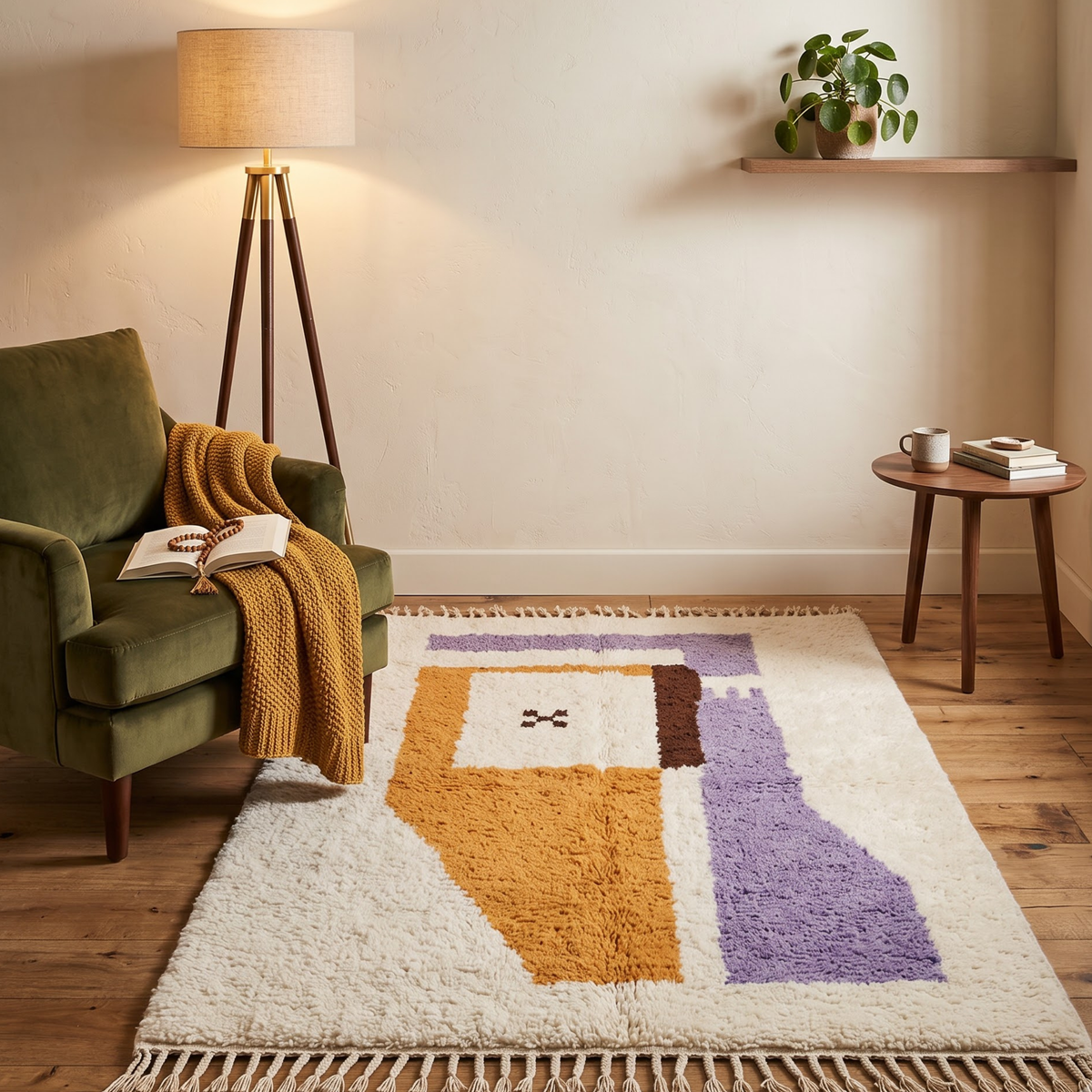 Handmade Moroccan Wool Rug Azilal Style | Abstract Minimalist Color Block in Lavender, Ochre & Cream Atlas Carpet