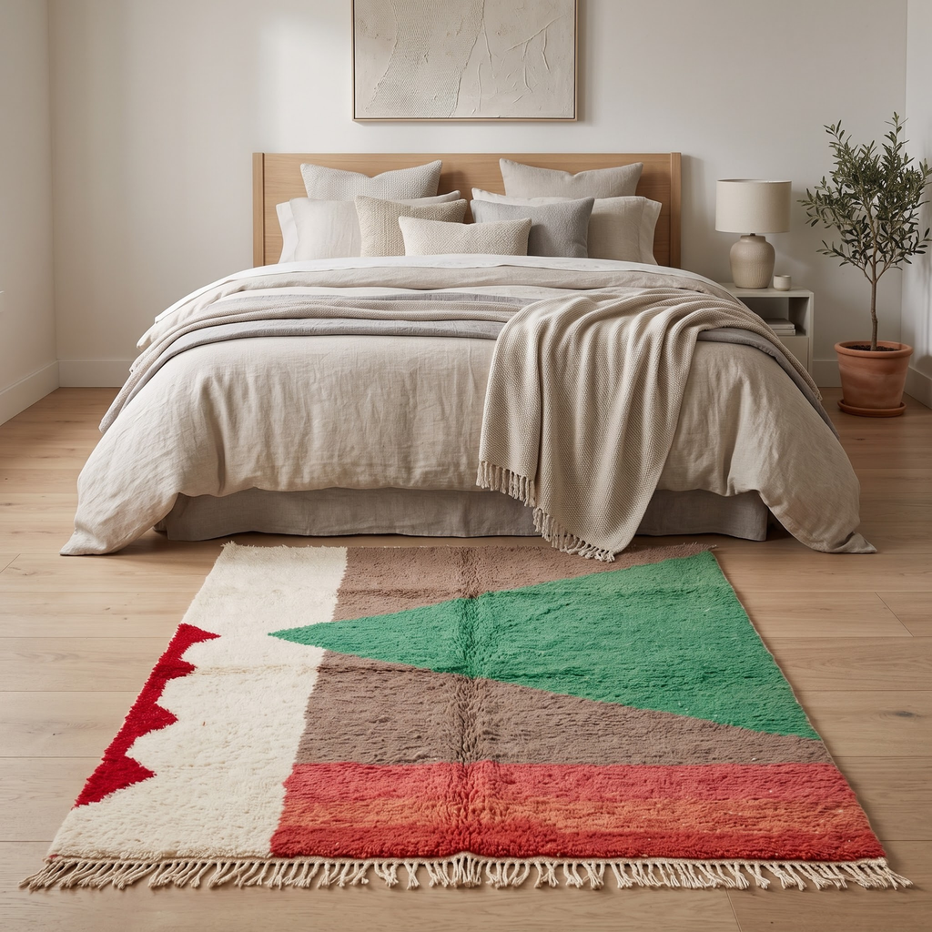 Handmade Moroccan Wool Rug Boujaad / Azilal Style | Abstract Color Block in Forest Green, Taupe & Terracotta Atlas Carpet