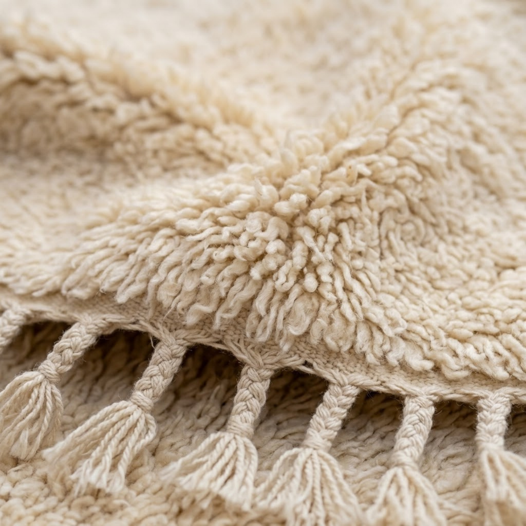 Handmade Moroccan Wool Rug Plain Beni Ourain Style | Solid Natural Sand & Cream High-Pile Atlas Carpet