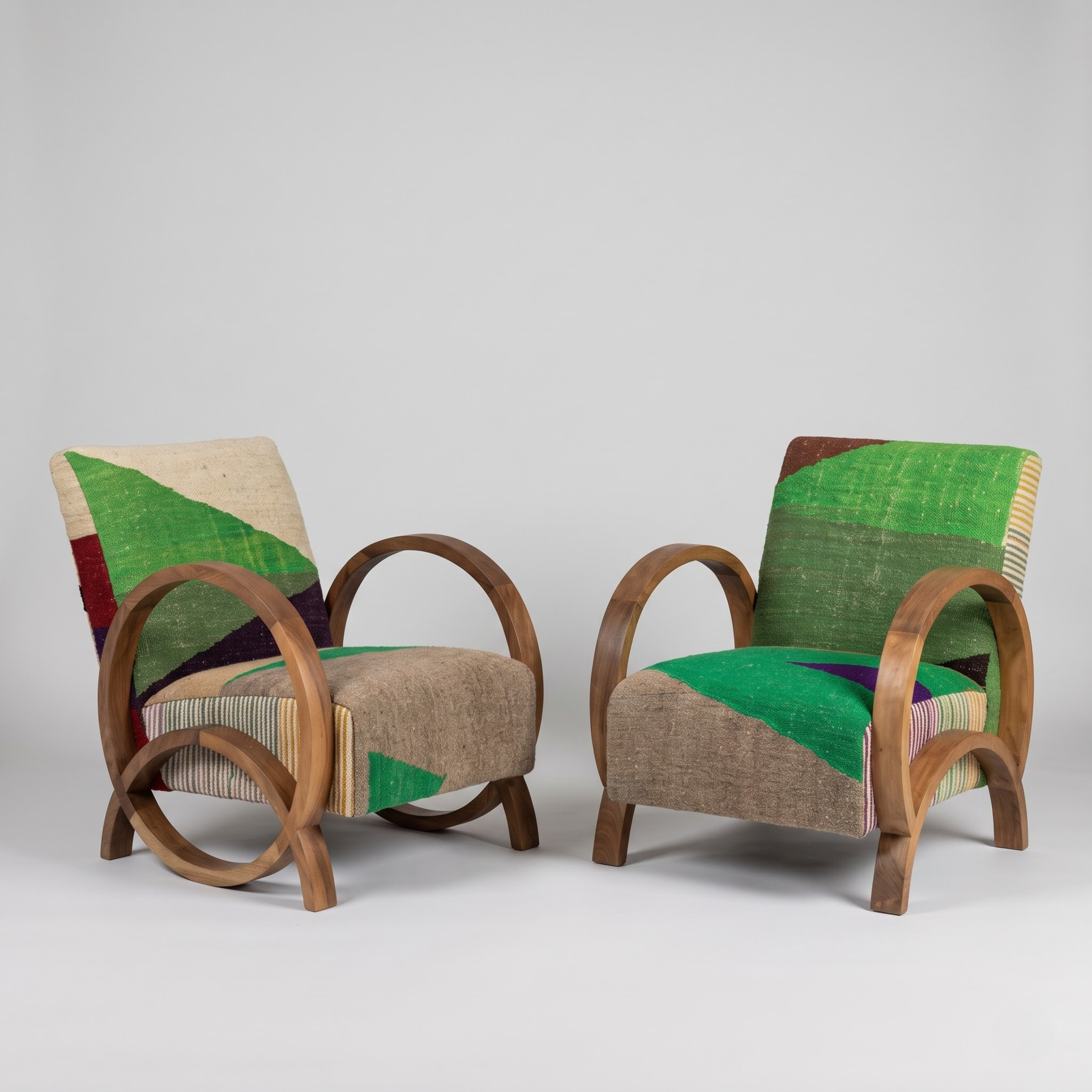 Handmade Moroccan Solid Walnut Bentwood Armchair – Emerald Green Kilim Fabric