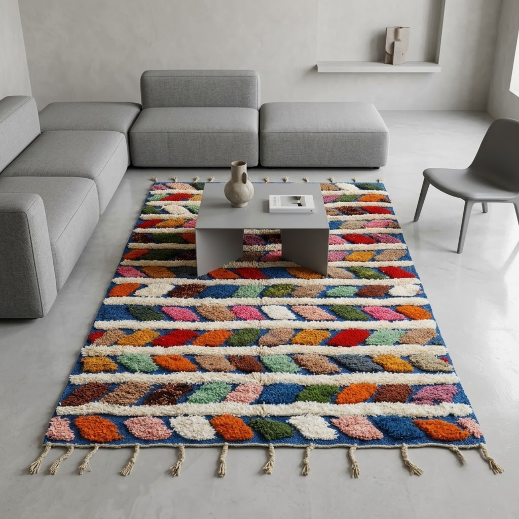 Handmade Moroccan Wool Rug Azilal Style | Multicolor Braided Herringbone on Ocean Blue & Ivory Atlas Carpet
