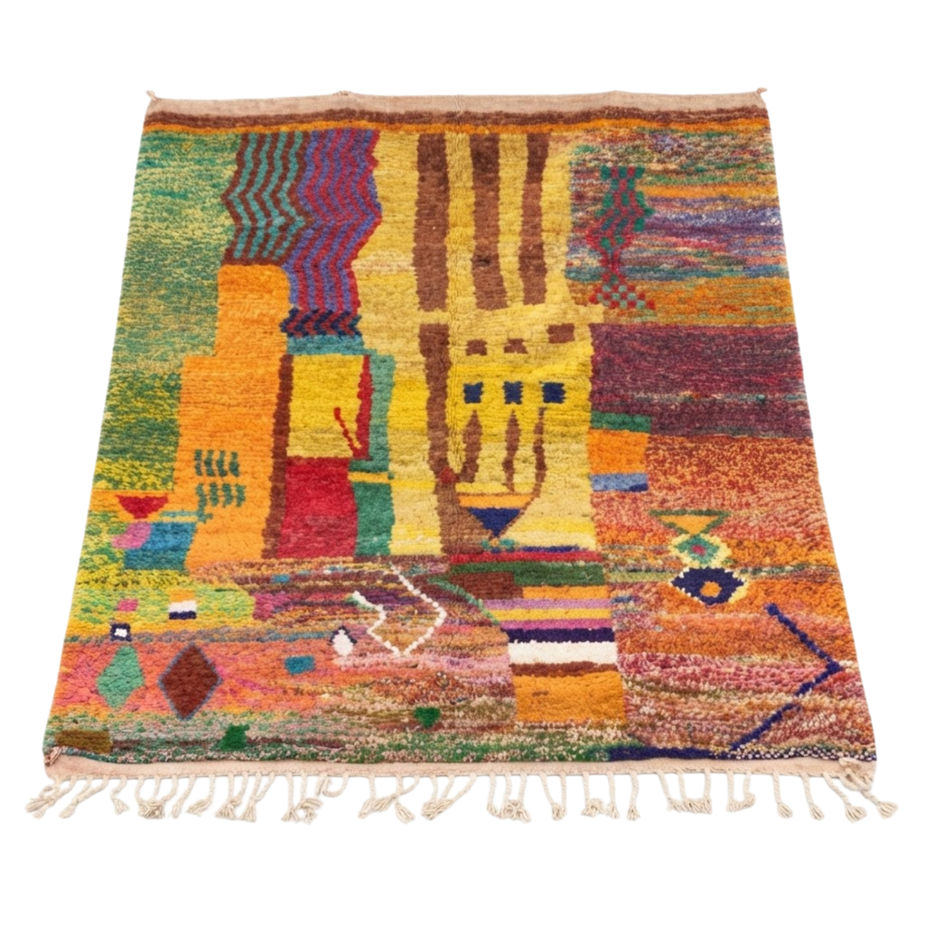 Handmade Moroccan Wool Rug Painterly Azilal Style | Abstract Expressionist Collage in Ochre, Terracotta & Jade Atlas Carpet