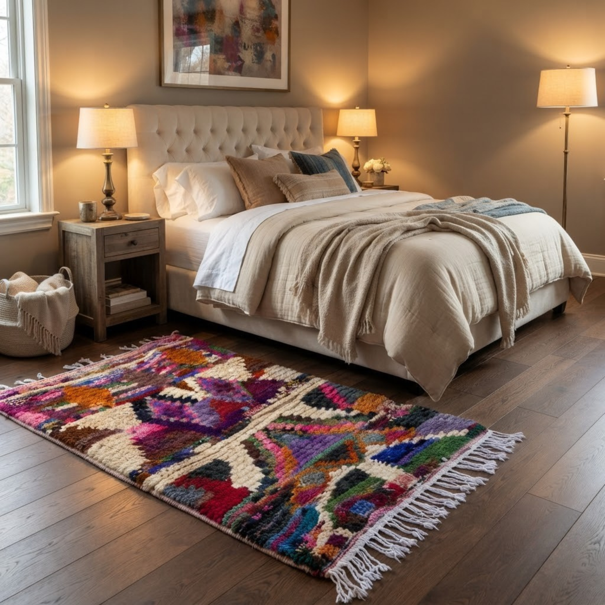 Handmade Moroccan Wool Rug Azilal / Boujaad Style | Sacred Tribal Pyramid & Diamond Motifs Atlas Carpet