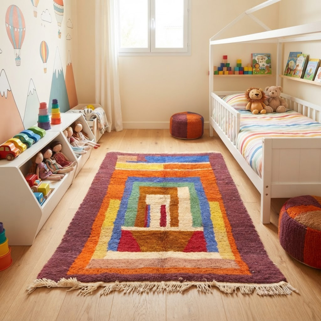 Handmade Moroccan Wool Rug Boujaad / Azilal Style | Concentric Portal Composition in Burnt Orange, Aubergine & Cobalt Blue Atlas Carpet