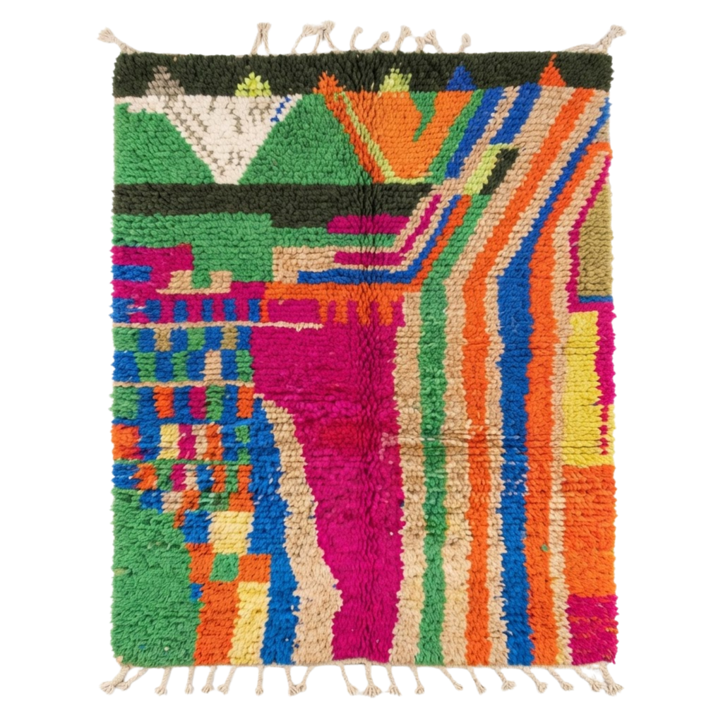 Handmade Moroccan Wool Rug Painterly Azilal / Boujaad Style | Abstract Expressionist Color Block in Fuchsia, Green & Orange Atlas Carpet