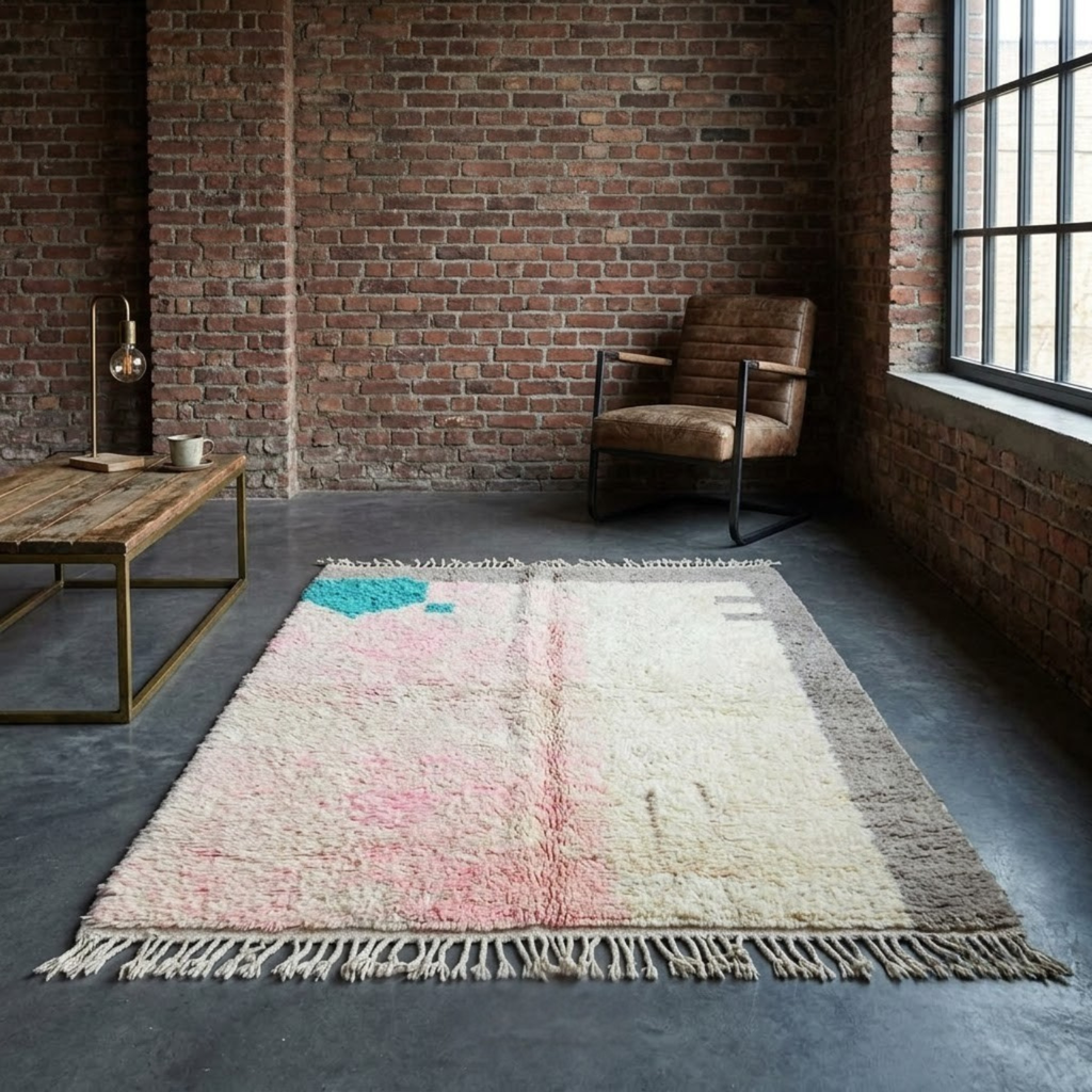Handmade Moroccan Wool Rug Vintage Azilal / Boujaad Style | Abstract Pastel Blush, Emerald & Taupe Grey Atlas Carpet
