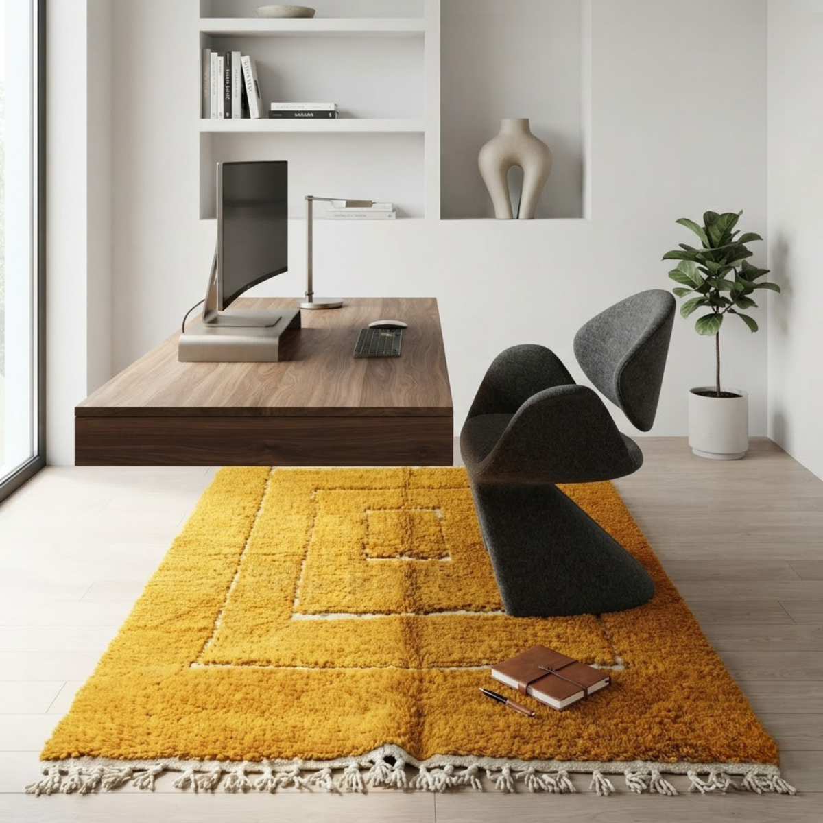 Handmade Moroccan Wool Rug Contemporary Beni Ourain Style | Concentric Rectangular Frames in Mustard Ochre & Ivory Atlas Carpet