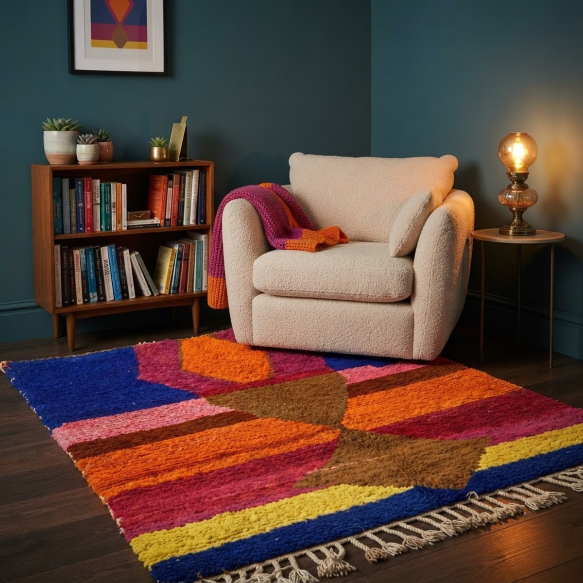 Handmade Moroccan Wool Rug Azilal / Boujaad Style | Central Totem Hourglass with Sunset Stripes & Cobalt Blue Atlas Carpet