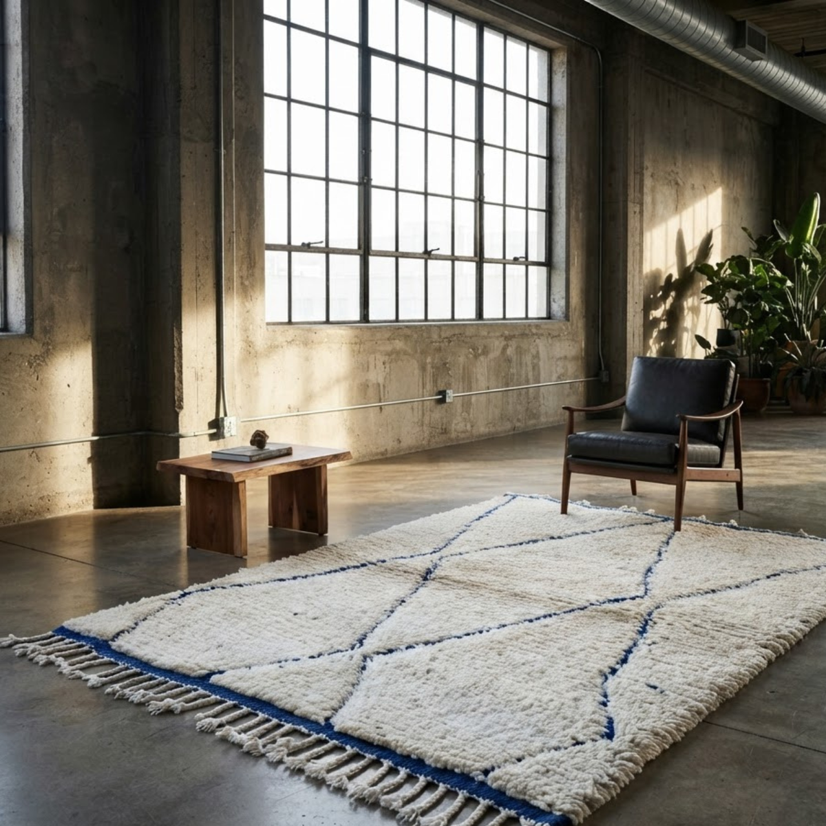 Handmade Moroccan Wool Rug Beni Ourain Style | Cobalt Blue Diamond Trellis on Natural Cream Atlas Carpet