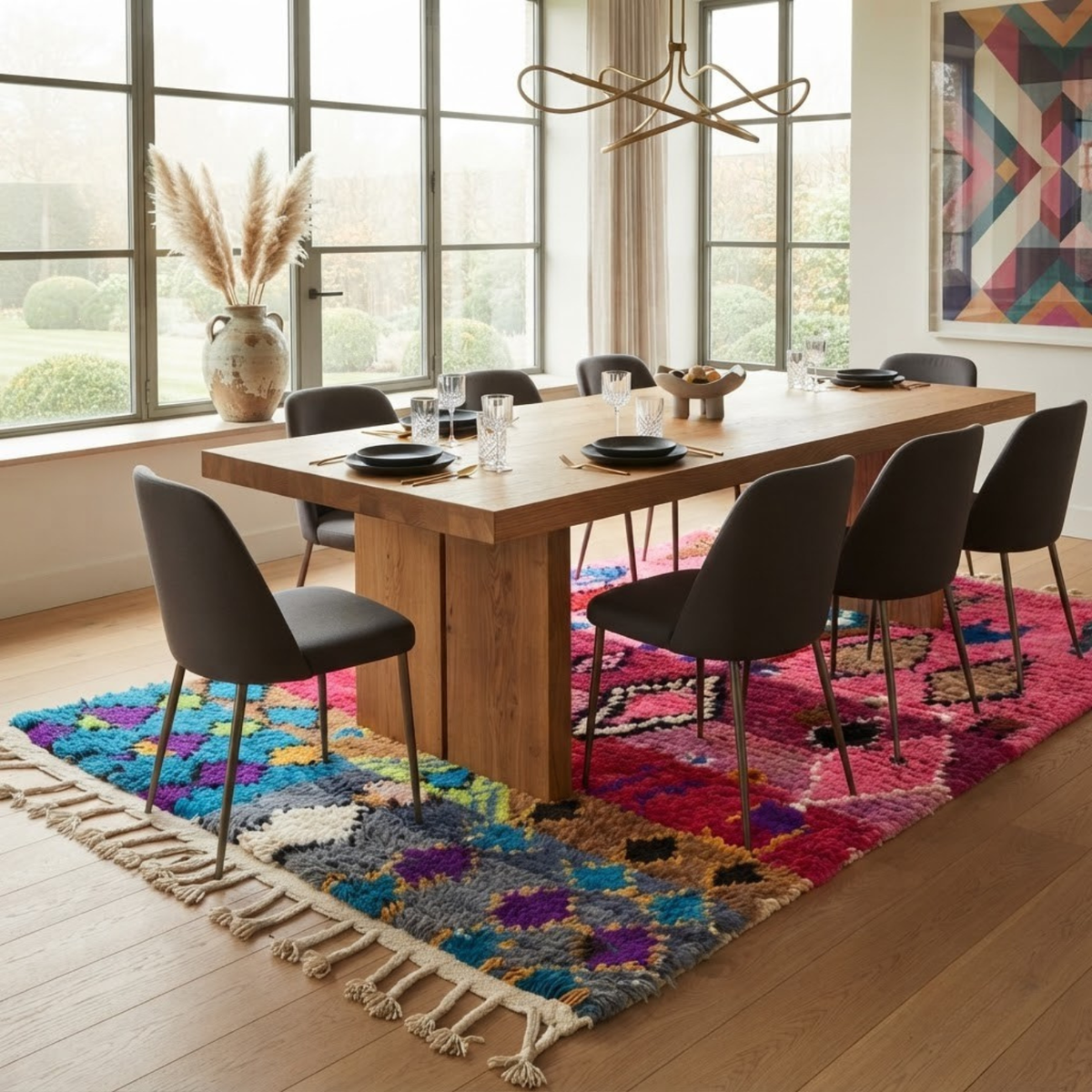 Handmade Moroccan Wool Rug Boujaad / Azilal Style | Tribal Diamond Talismans in Bubblegum Pink, Magenta & Turquoise Atlas Carpet