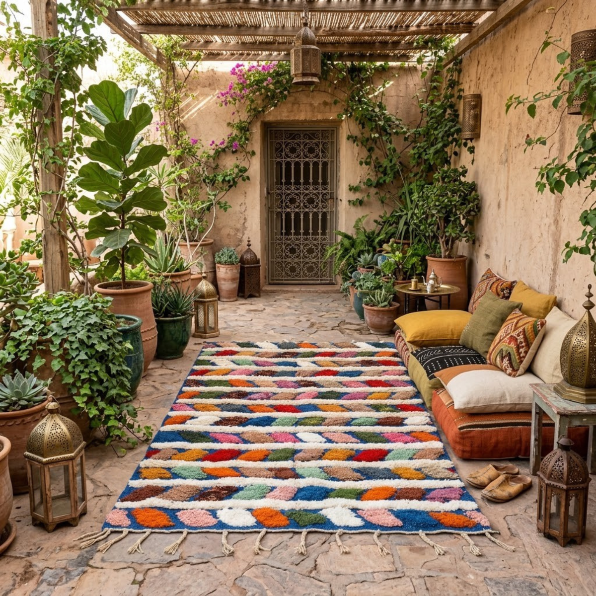 Handmade Moroccan Wool Rug Azilal Style | Multicolor Braided Herringbone on Ocean Blue & Ivory Atlas Carpet