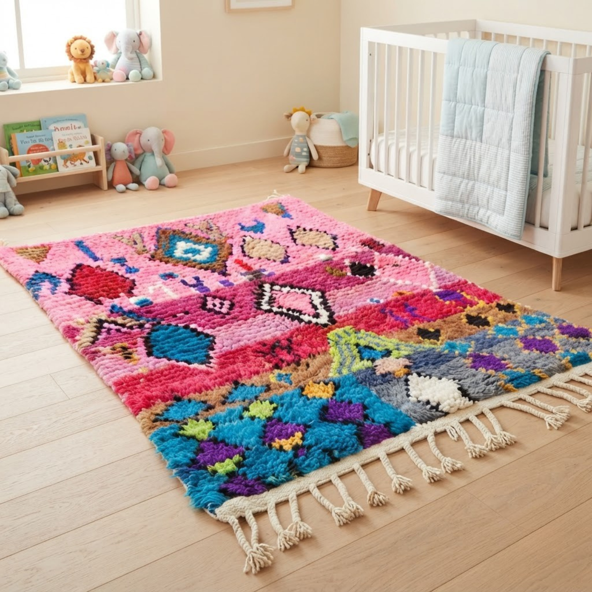 Handmade Moroccan Wool Rug Boujaad / Azilal Style | Tribal Diamond Talismans in Bubblegum Pink, Magenta & Turquoise Atlas Carpet