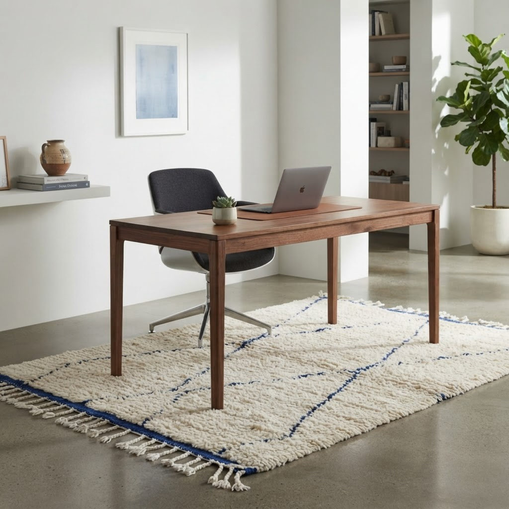 Handmade Moroccan Wool Rug Beni Ourain Style | Cobalt Blue Diamond Trellis on Natural Cream Atlas Carpet