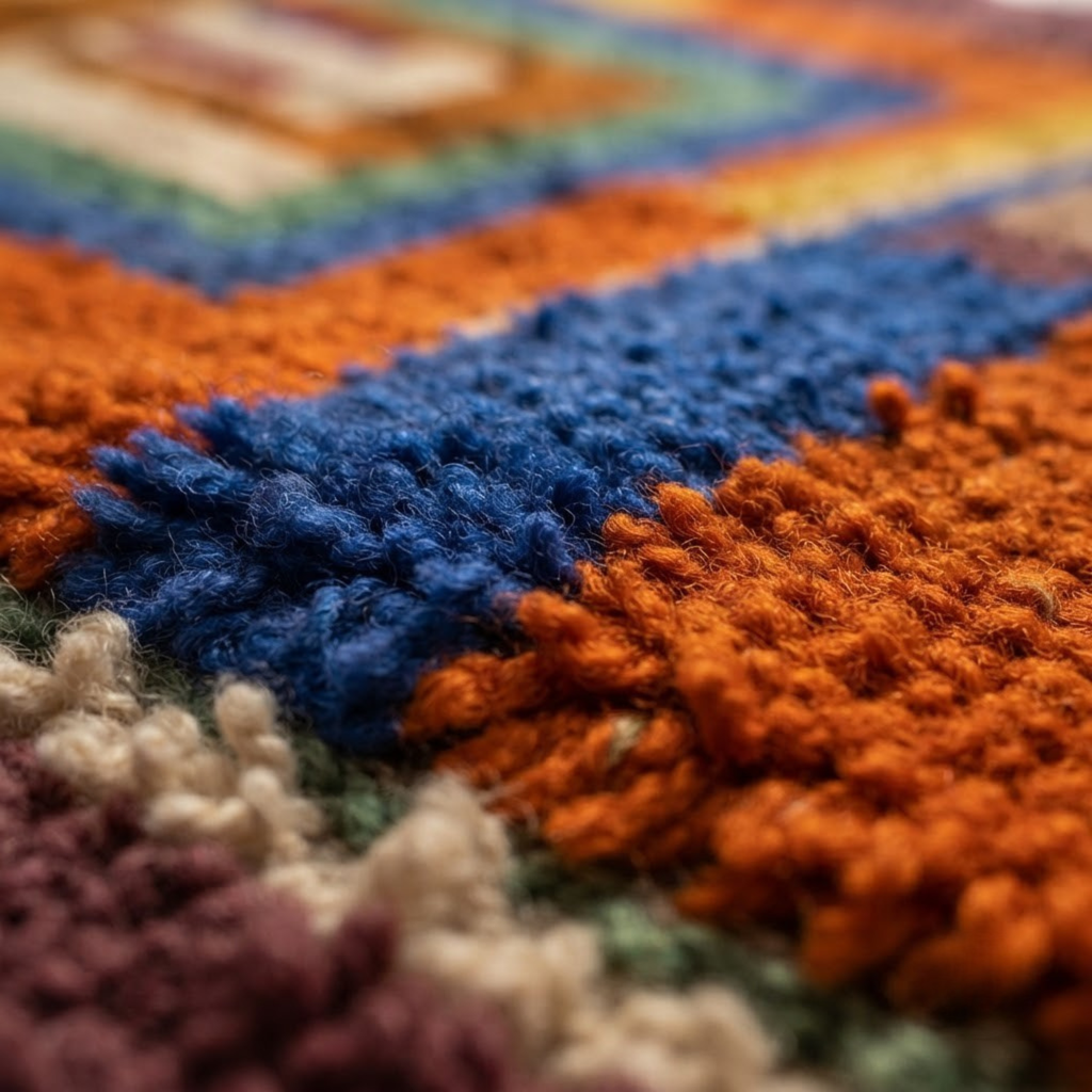 Handmade Moroccan Wool Rug Boujaad / Azilal Style | Concentric Portal Composition in Burnt Orange, Aubergine & Cobalt Blue Atlas Carpet