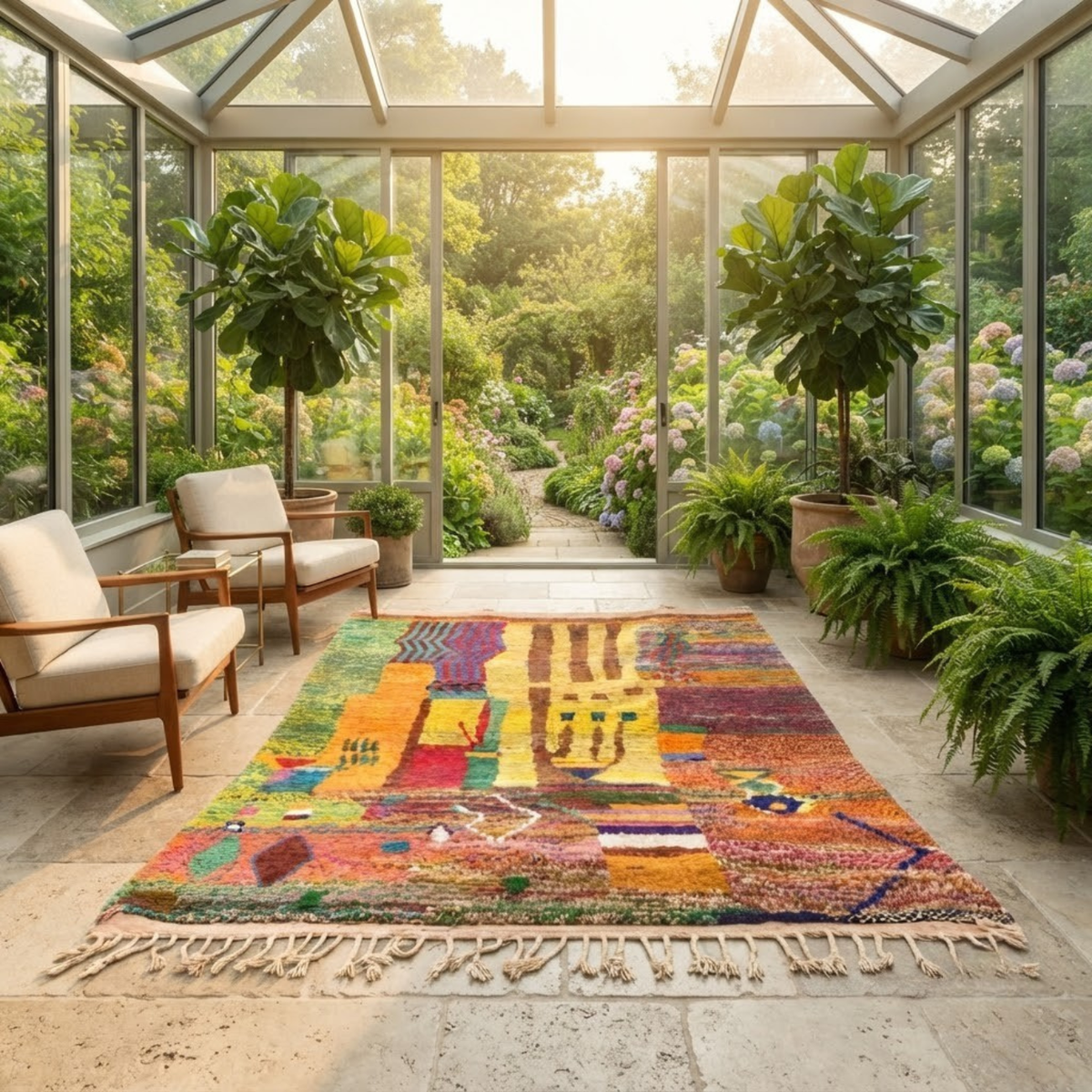Handmade Moroccan Wool Rug Painterly Azilal Style | Abstract Expressionist Collage in Ochre, Terracotta & Jade Atlas Carpet