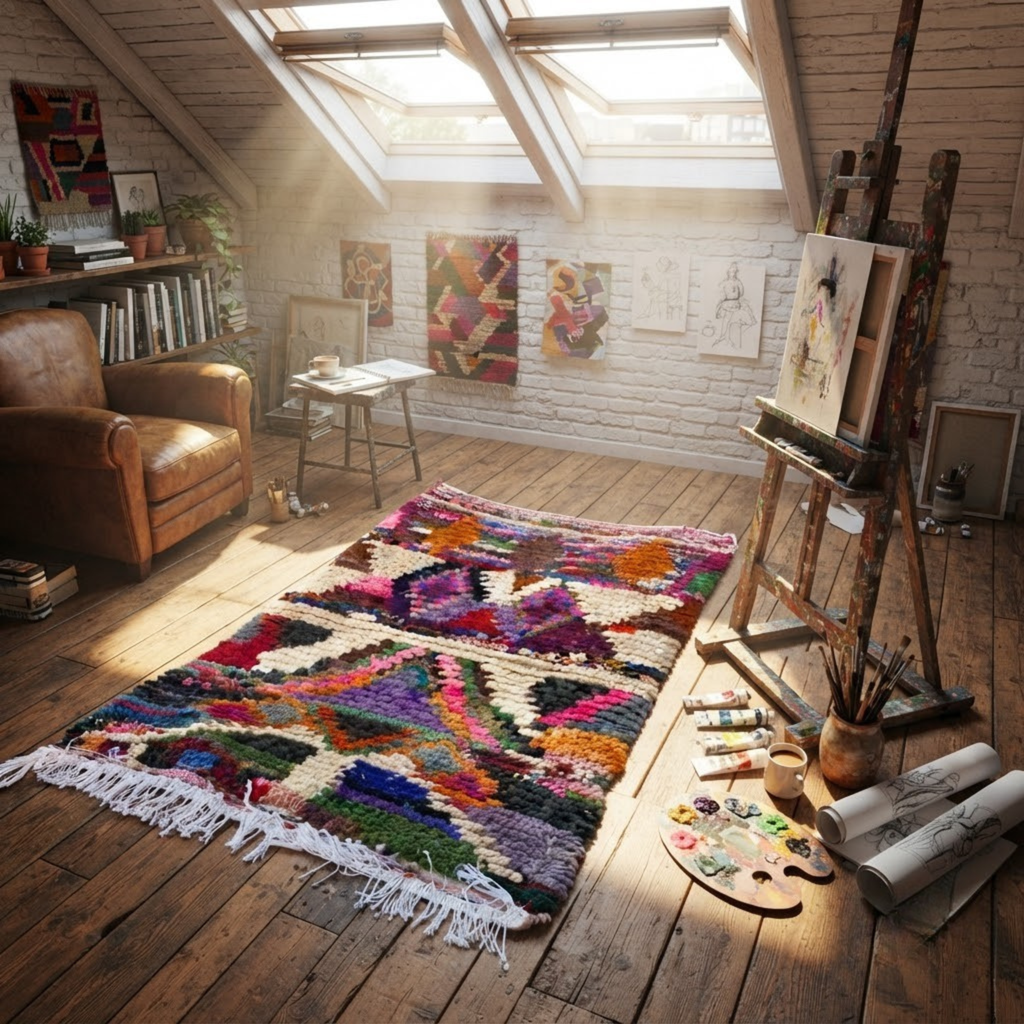 Handmade Moroccan Wool Rug Azilal / Boujaad Style | Sacred Tribal Pyramid & Diamond Motifs Atlas Carpet