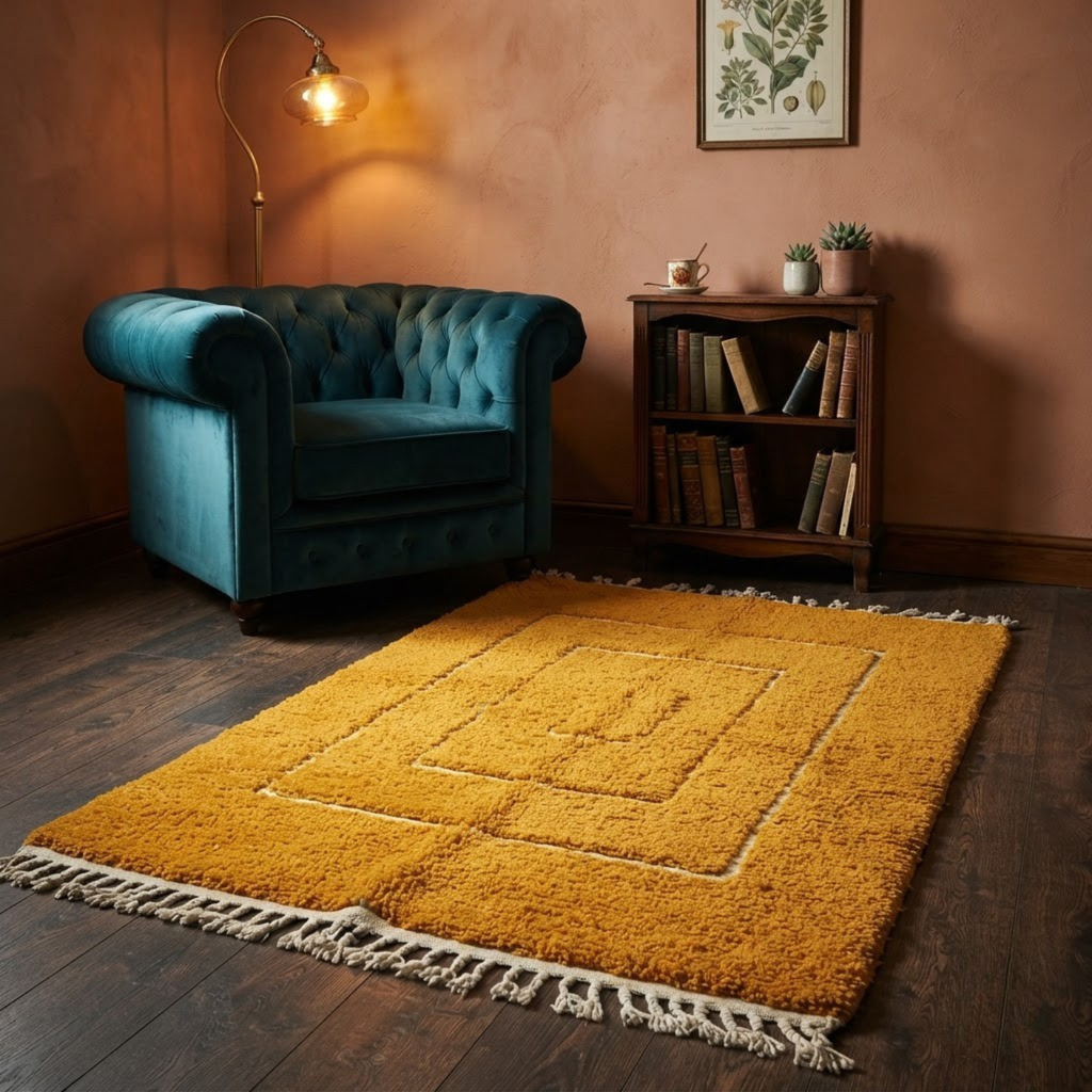 Handmade Moroccan Wool Rug Contemporary Beni Ourain Style | Concentric Rectangular Frames in Mustard Ochre & Ivory Atlas Carpet