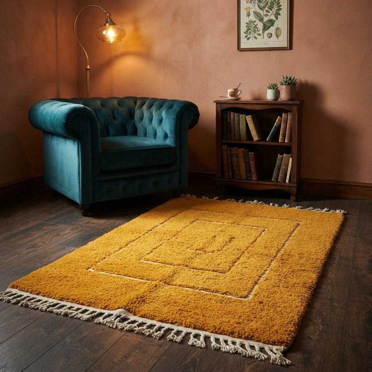 Handmade Moroccan Wool Rug Contemporary Beni Ourain Style | Concentric Rectangular Frames in Mustard Ochre & Ivory Atlas Carpet