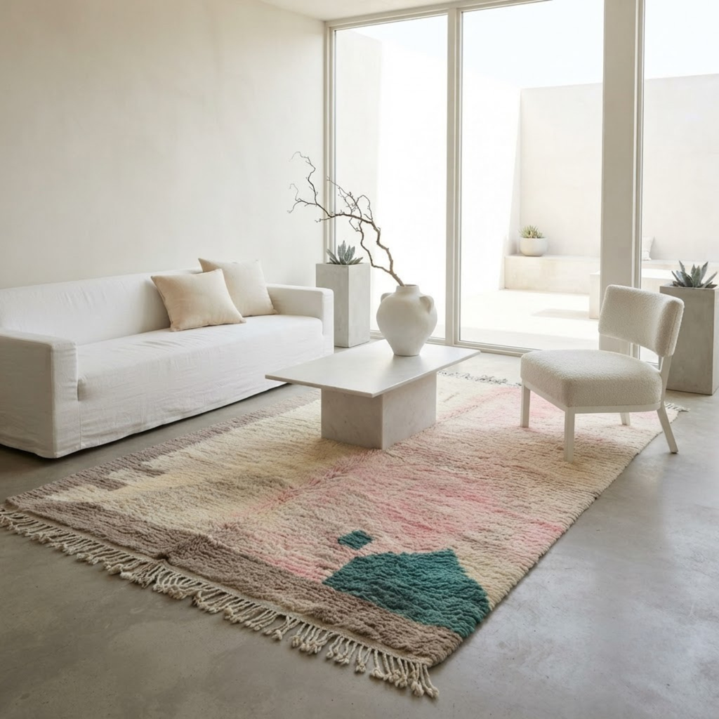 Handmade Moroccan Wool Rug Vintage Azilal / Boujaad Style | Abstract Pastel Blush, Emerald & Taupe Grey Atlas Carpet