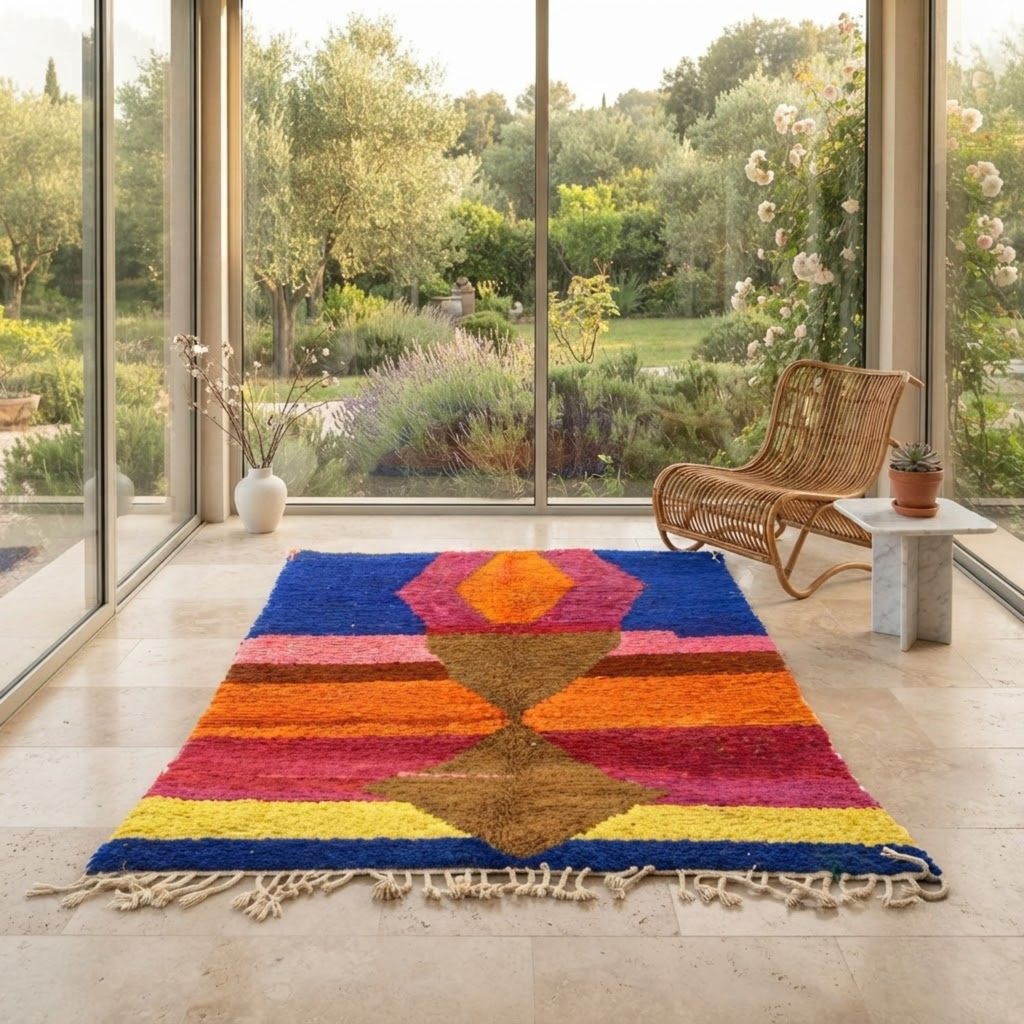 Handmade Moroccan Wool Rug Azilal / Boujaad Style | Central Totem Hourglass with Sunset Stripes & Cobalt Blue Atlas Carpet