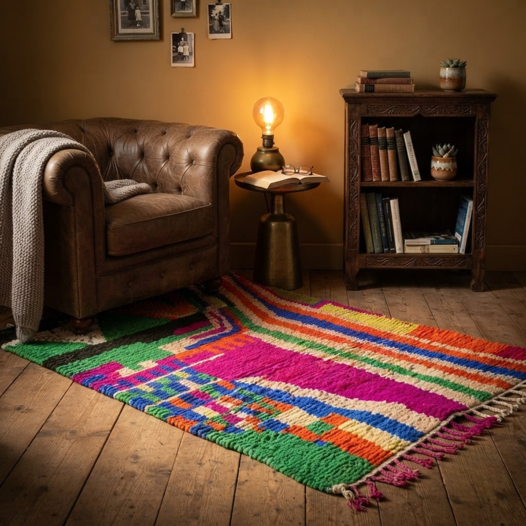 Handmade Moroccan Wool Rug Painterly Azilal / Boujaad Style | Abstract Expressionist Color Block in Fuchsia, Green & Orange Atlas Carpet