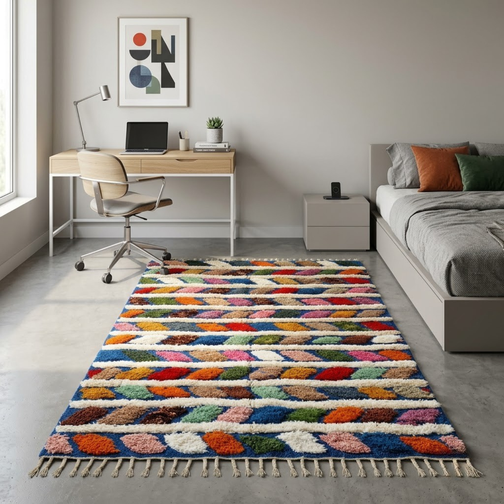 Handmade Moroccan Wool Rug Azilal Style | Multicolor Braided Herringbone on Ocean Blue & Ivory Atlas Carpet