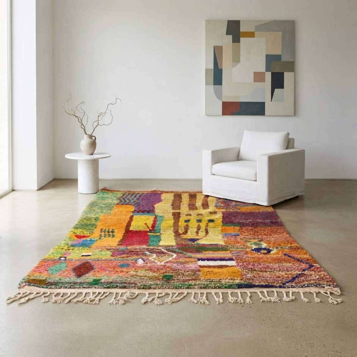 Handmade Moroccan Wool Rug Painterly Azilal Style | Abstract Expressionist Collage in Ochre, Terracotta & Jade Atlas Carpet