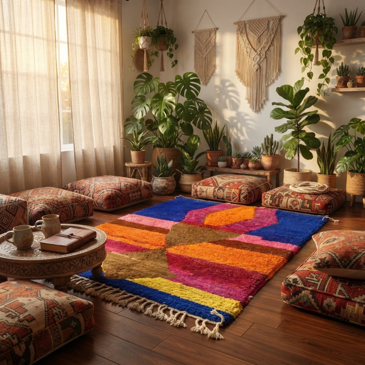Handmade Moroccan Wool Rug Azilal / Boujaad Style | Central Totem Hourglass with Sunset Stripes & Cobalt Blue Atlas Carpet