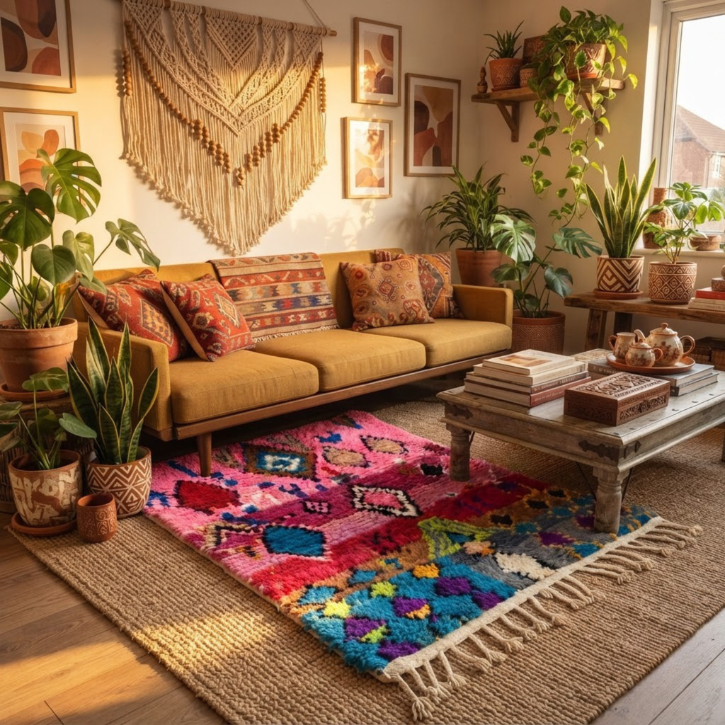 Handmade Moroccan Wool Rug Boujaad / Azilal Style | Tribal Diamond Talismans in Bubblegum Pink, Magenta & Turquoise Atlas Carpet