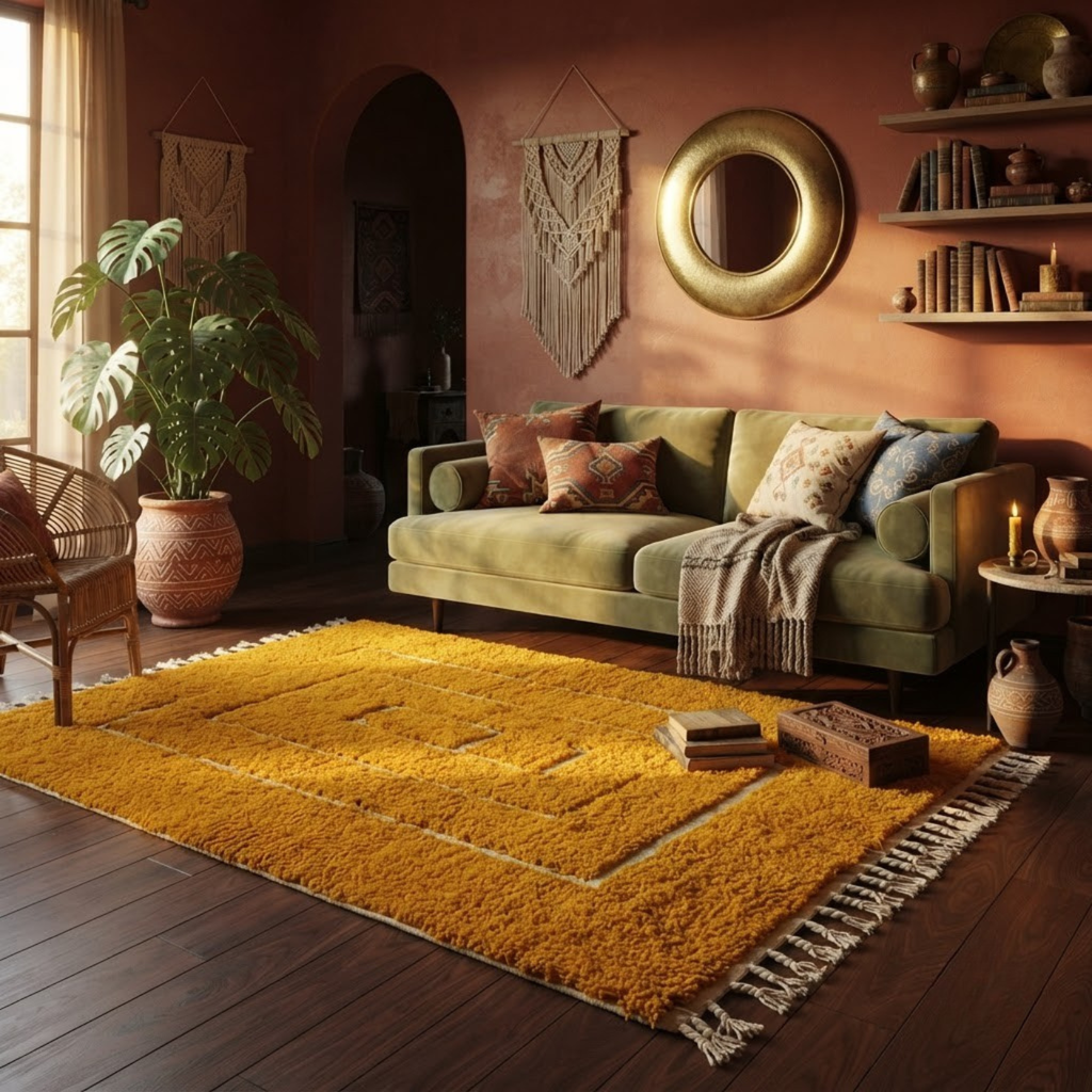 Handmade Moroccan Wool Rug Contemporary Beni Ourain Style | Concentric Rectangular Frames in Mustard Ochre & Ivory Atlas Carpet