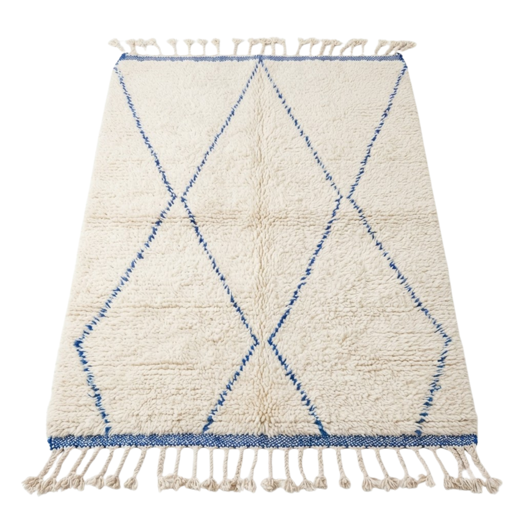 Handmade Moroccan Wool Rug Beni Ourain Style | Cobalt Blue Diamond Trellis on Natural Cream Atlas Carpet