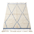Handmade Moroccan Wool Rug Beni Ourain Style | Cobalt Blue Diamond Trellis on Natural Cream Atlas Carpet