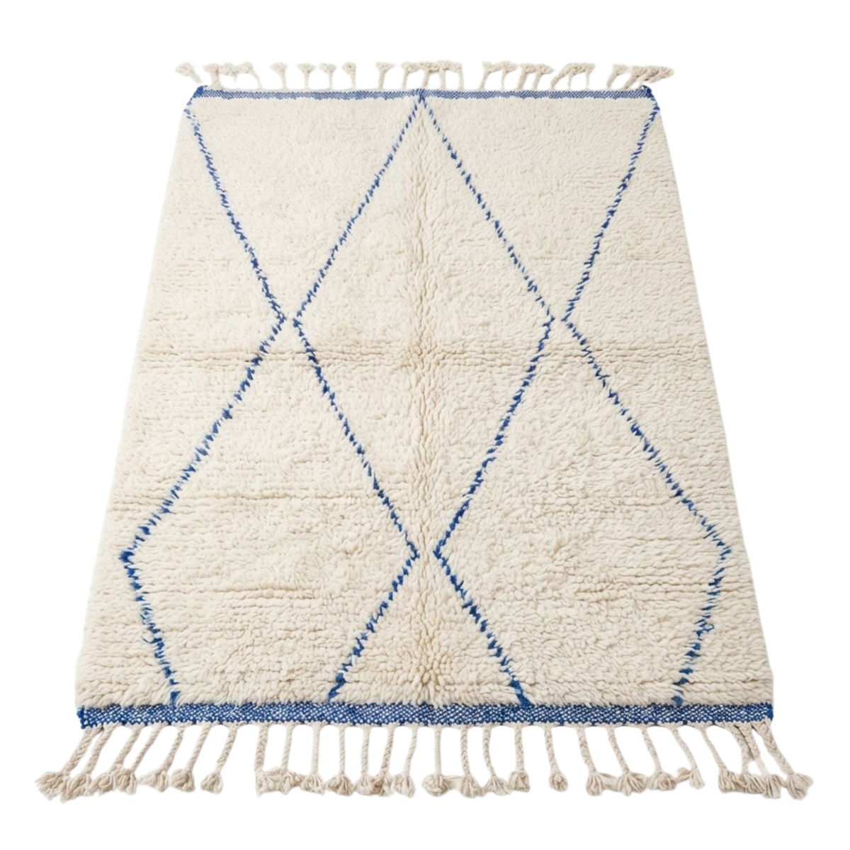 Handmade Moroccan Wool Rug Beni Ourain Style | Cobalt Blue Diamond Trellis on Natural Cream Atlas Carpet